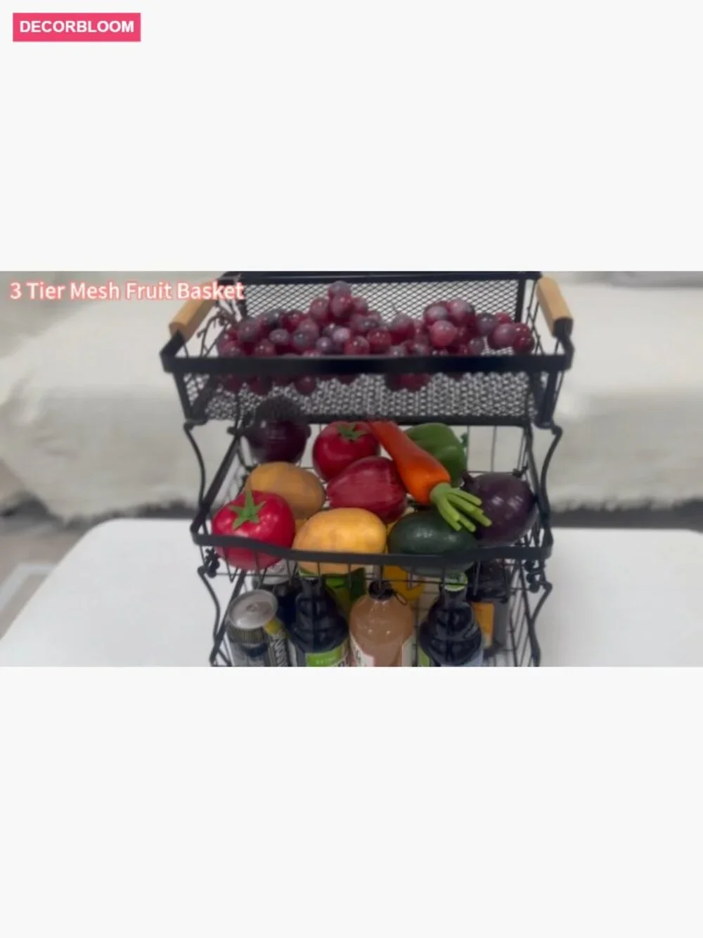 3 Tier Countertop Fruit Mesh Basket with Banana Hooks